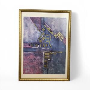 Original Joyce Combs Mixed Media Abstract Artwork - Framed Gold Purple Geometric